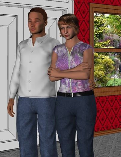 Two characters illustrating the use of purchased clothing models.