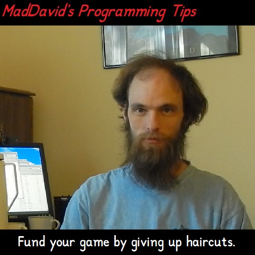 MadDavid's Programming Tip: Fund your game by giving up haircuts.